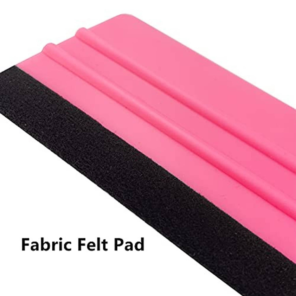 Close-up of pink squeegee with black felt pad edge for smooth, scratch-free pressing