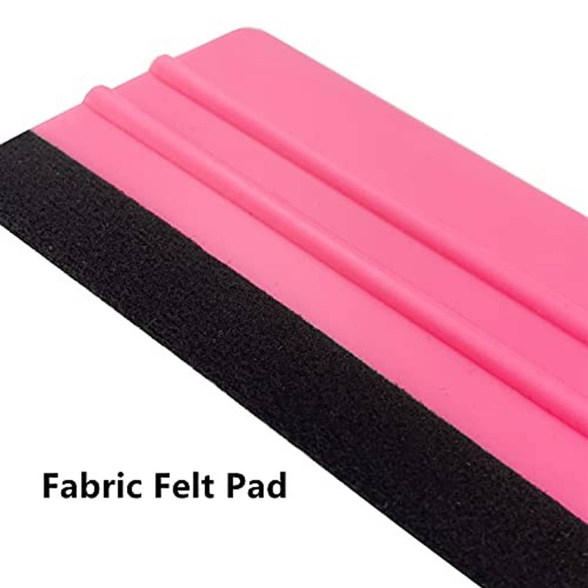 Close-up of pink squeegee with black felt pad edge for smooth, scratch-free pressing