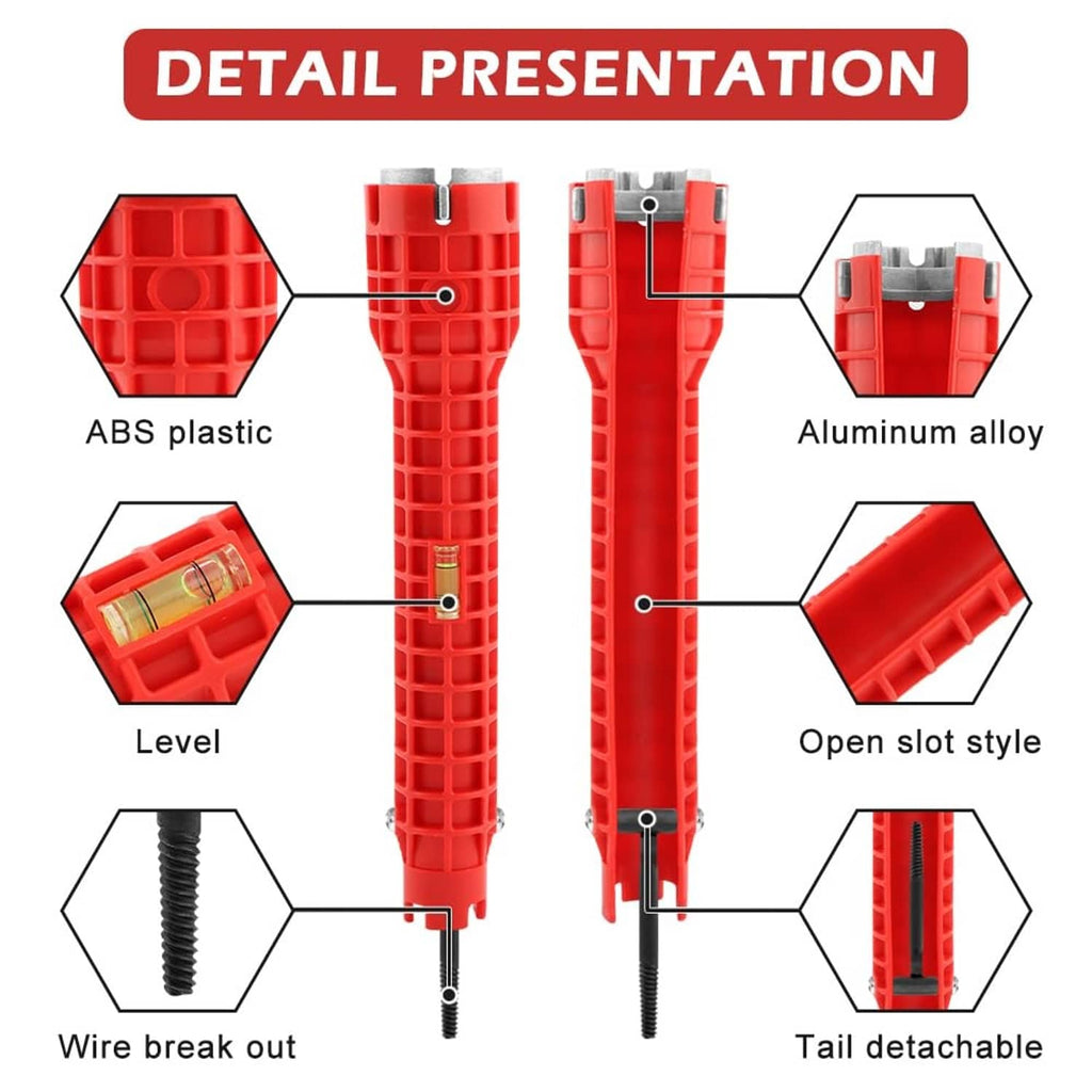 Red sink wrench with detachable tail, open-slot design, level bar, and wire-break point