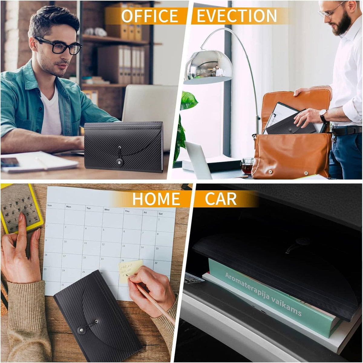 Black accordion organizer shown in office and home settings with snap closure