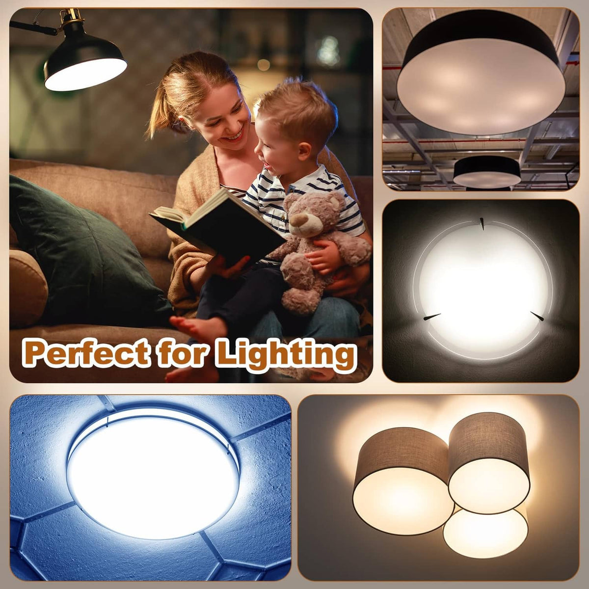 Round white lampshade diffuser glowing in a ceiling light fixture