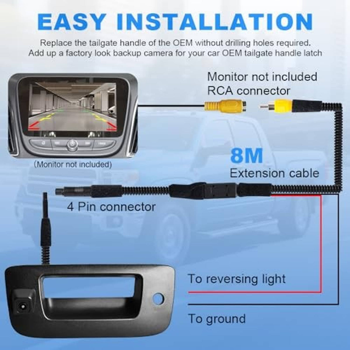 Rear tailgate backup camera with 8M extension cable and 4-pin connector diagram