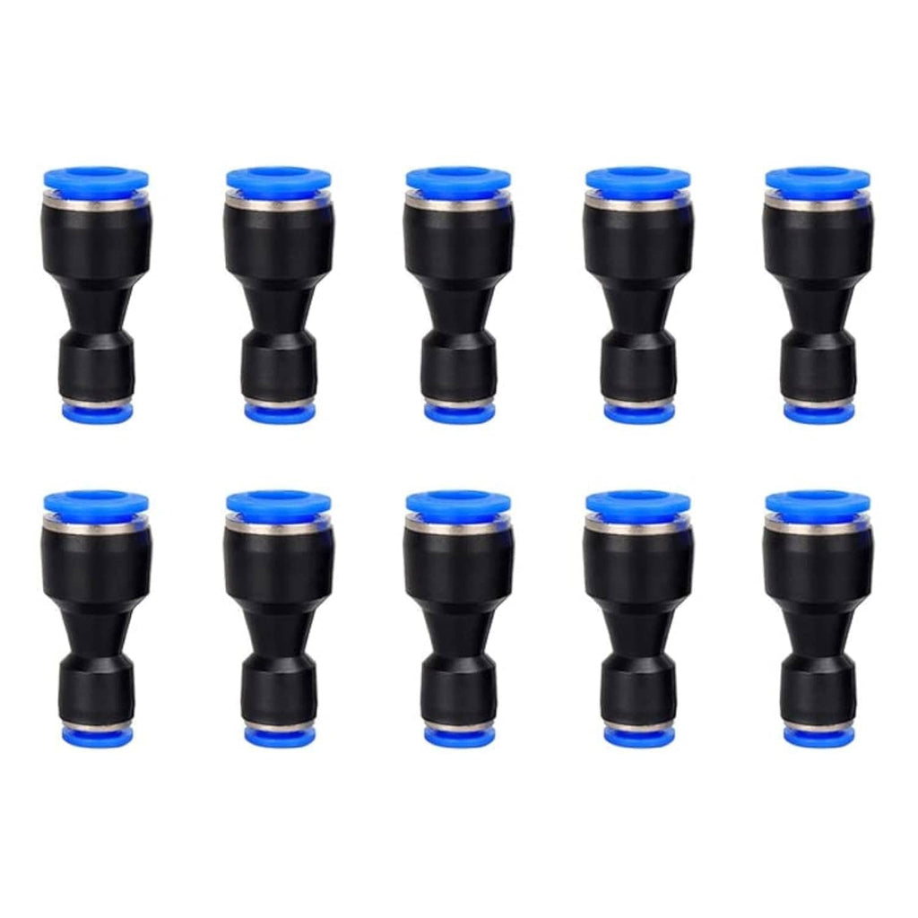 Black push-to-connect tube reducer fittings with blue end rings, multiple pieces