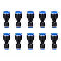 Black push-to-connect tube reducer fittings with blue end rings, multiple pieces