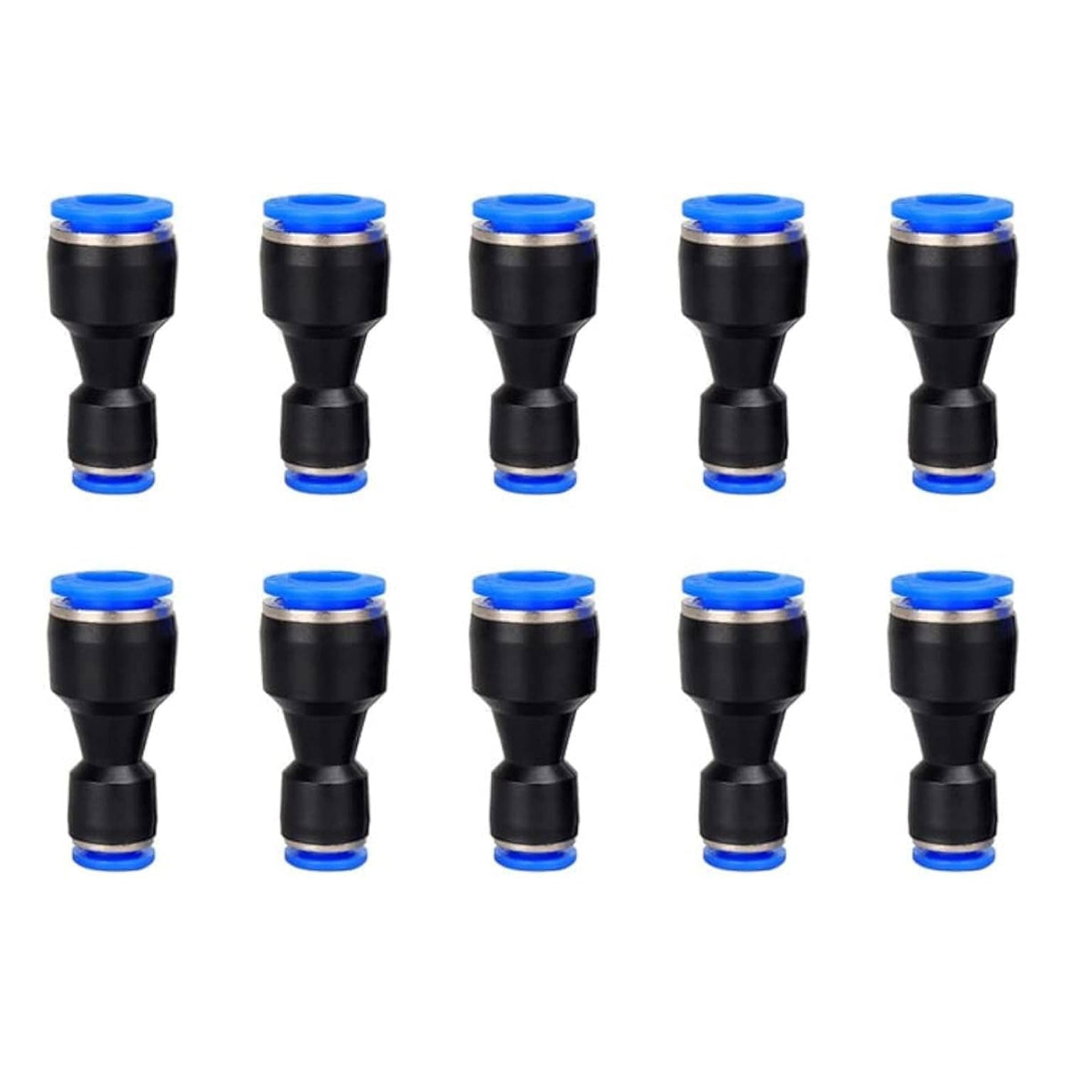 Black push-to-connect tube reducer fittings with blue end rings, multiple pieces
