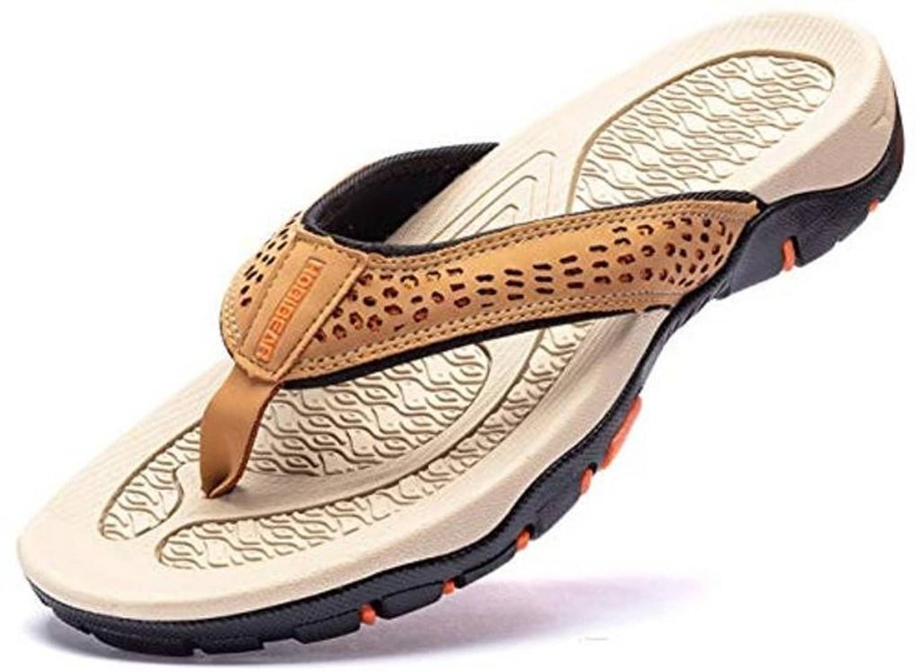 Khaki mens thong sandals with tan perforated strap and thick dark cushioned sole