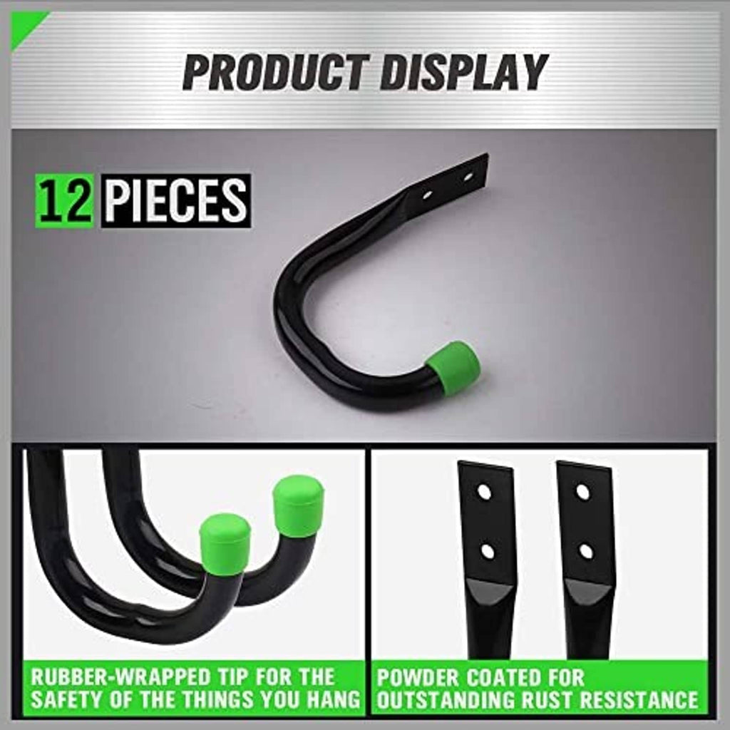 Black single utility hook with green rubber-wrapped end tip and drilled mounting plate