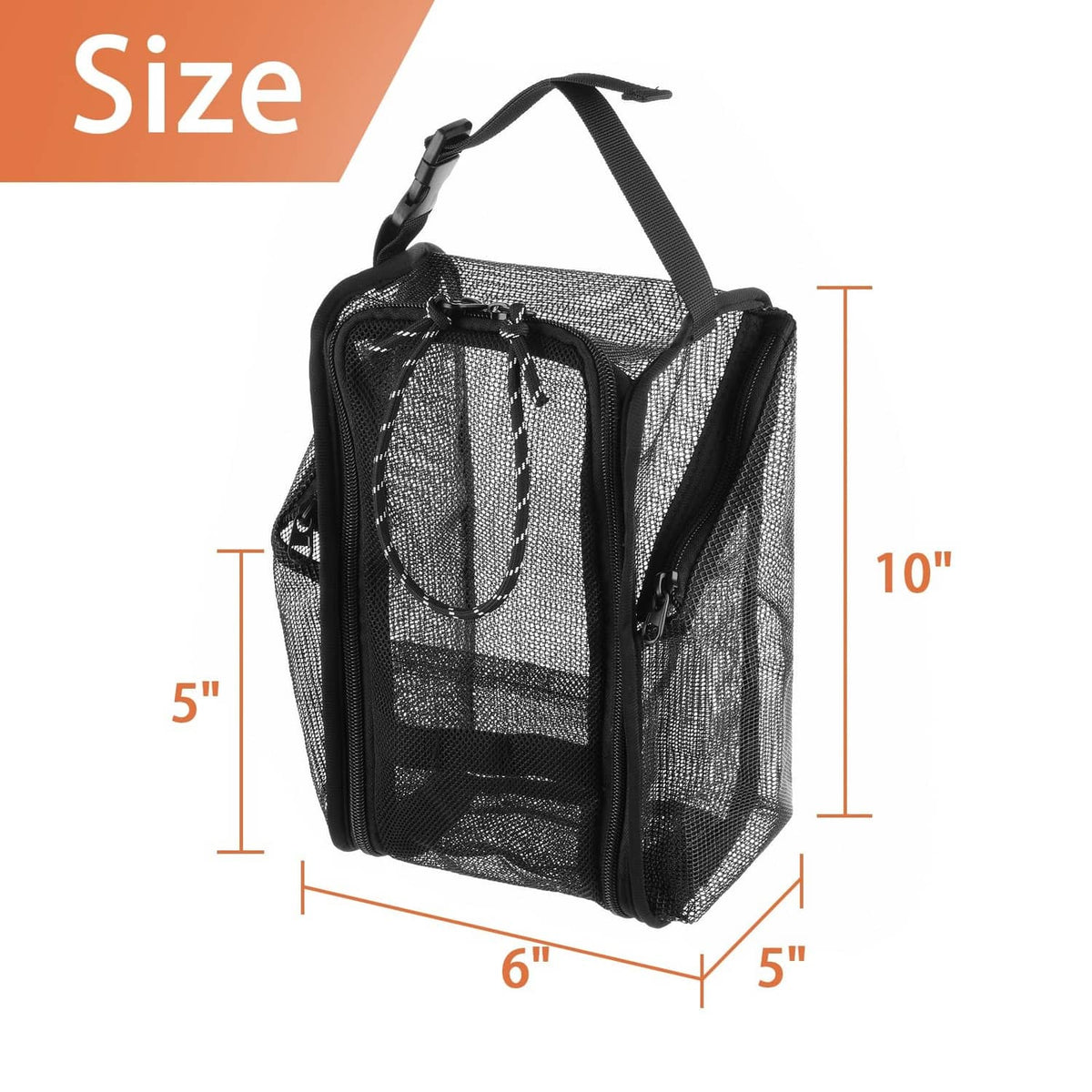 Black mesh shower caddy organizer tote size view with top handle and compact rectangular shape