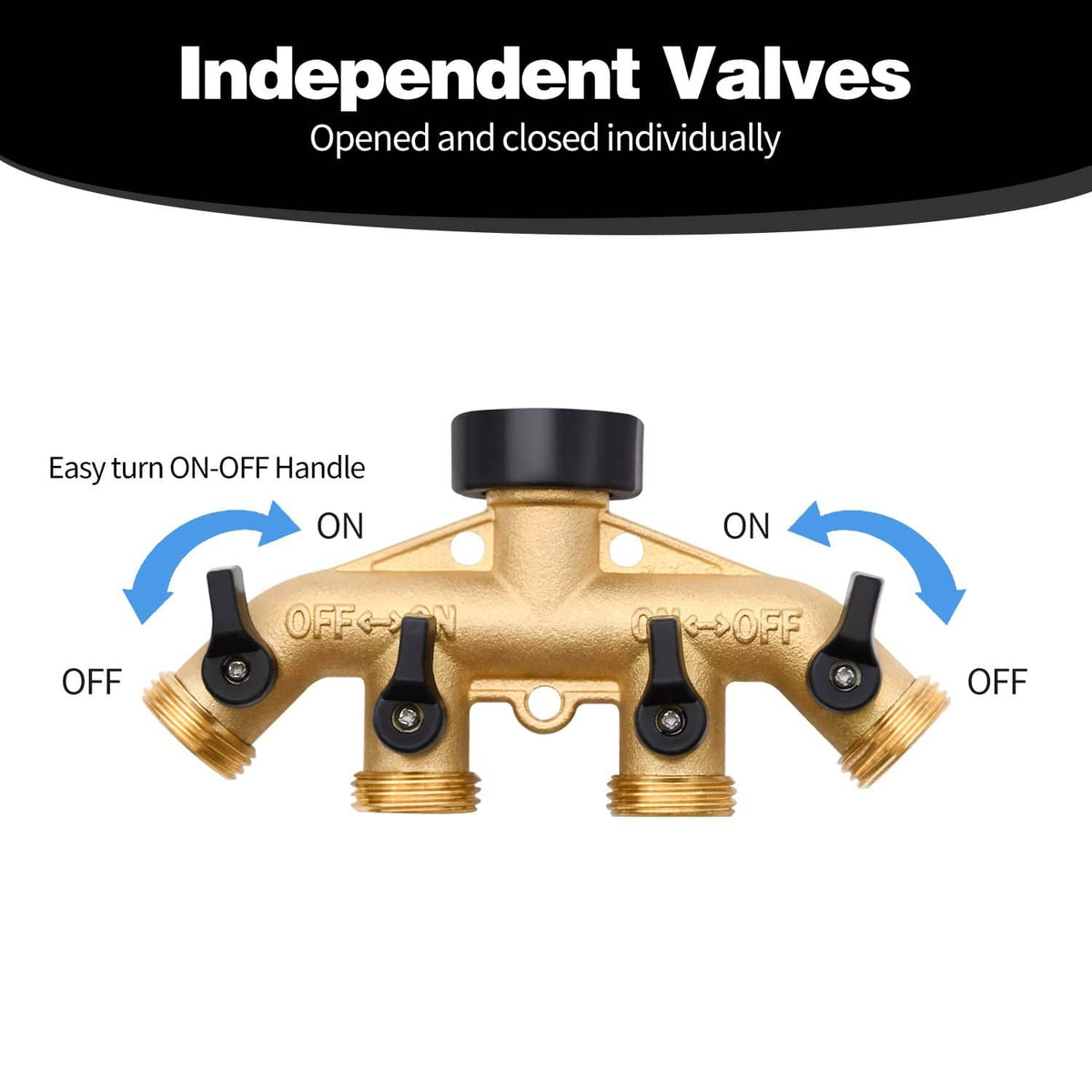Brass 4-way hose splitter with independent ON/OFF handles across four outlet ports