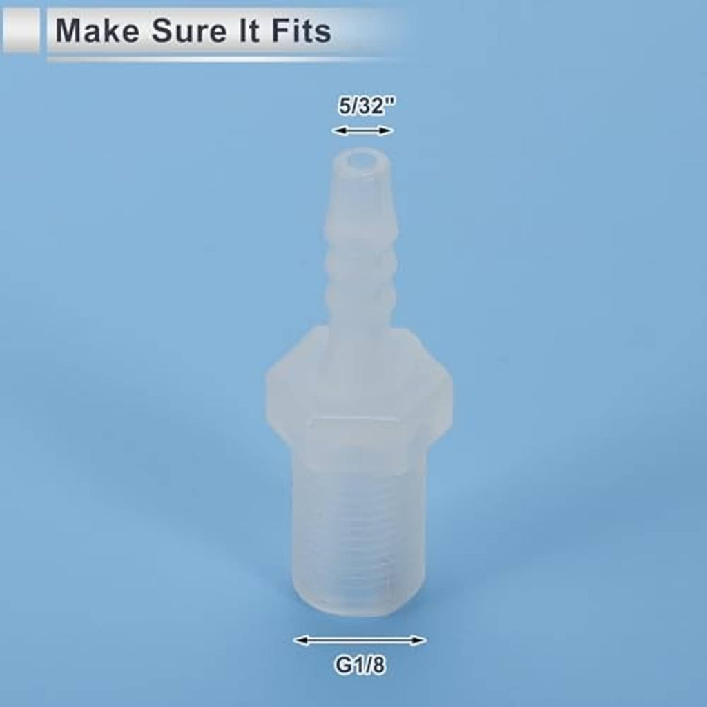 Clear plastic hose barb adapter, 5/32 in barb with G1/8 male thread
