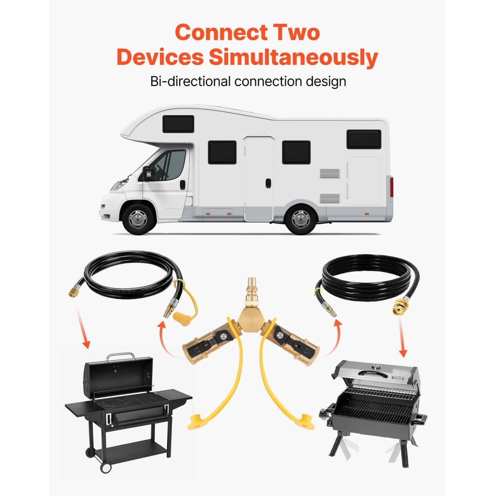 Brass propane splitter adapter connecting two devices with dual quick-connect outlets