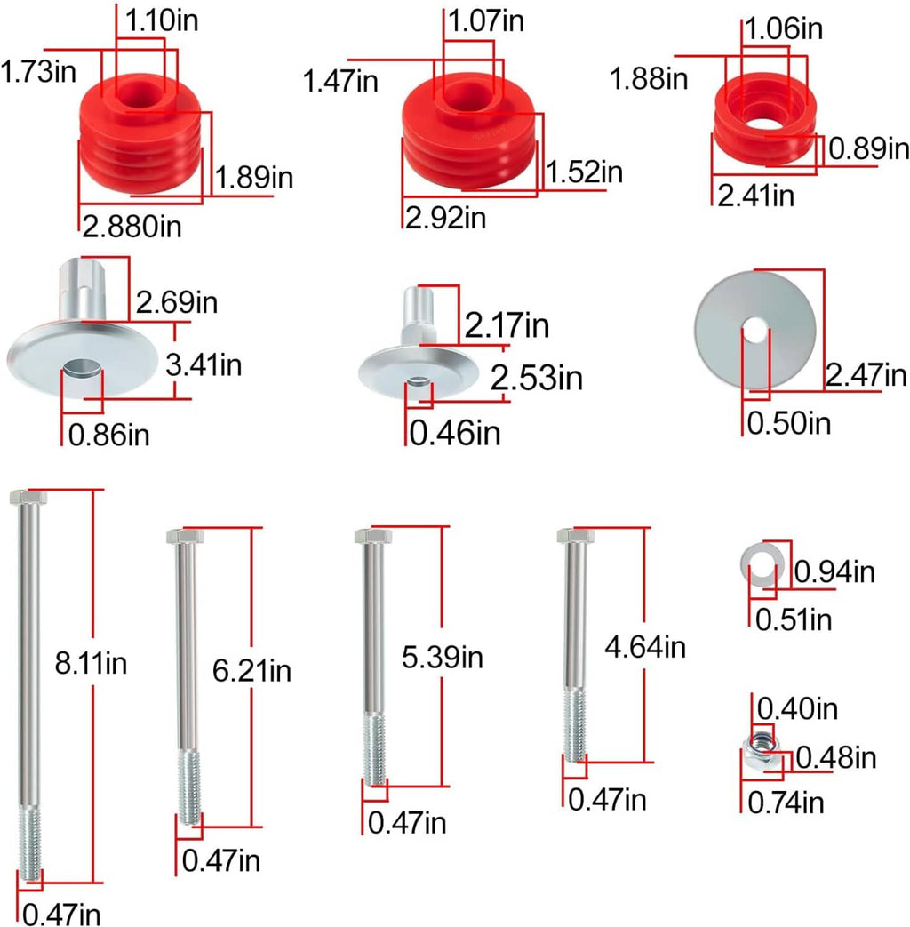 Red cab mount bushings and silver hardware with dimension callouts.
