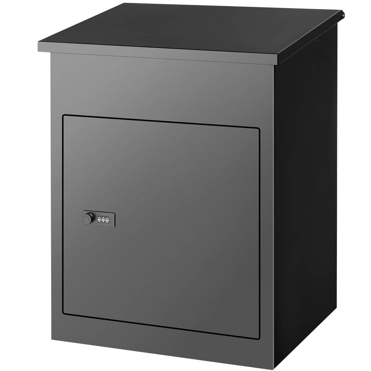 Outdoor galvanized steel mailbox with coded keypad lock, black front and side