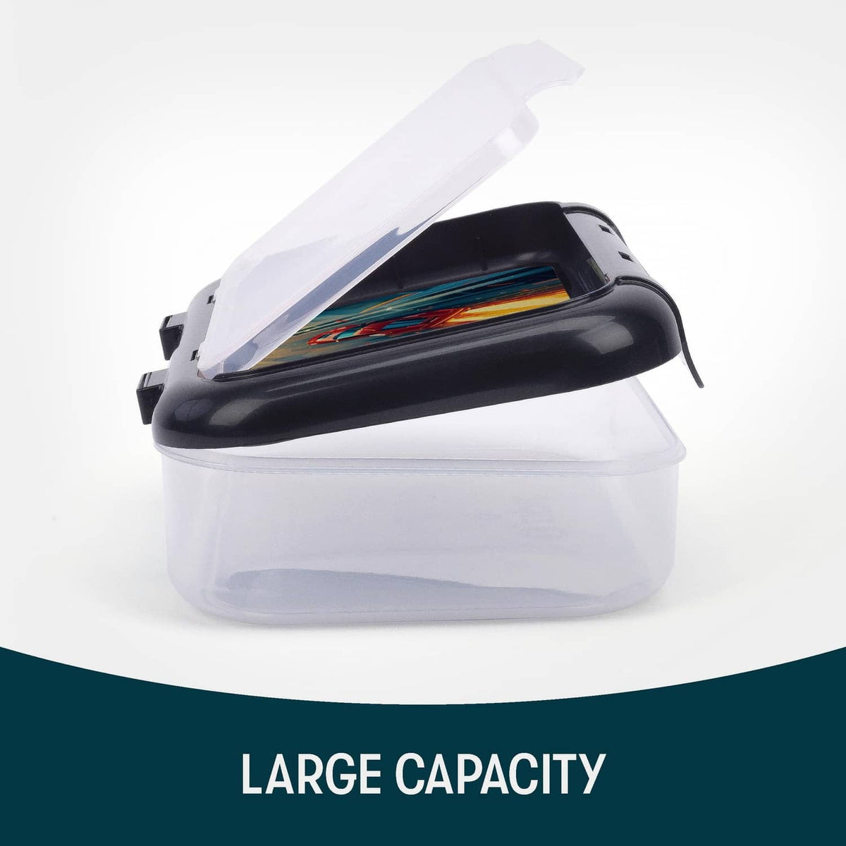 Large pencil box with black lid open and clear base, two compartments.
