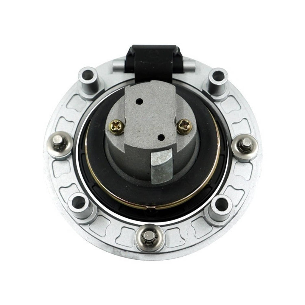 Fuel gas cap lock base with black latch, silver housing, and mounting screw holes