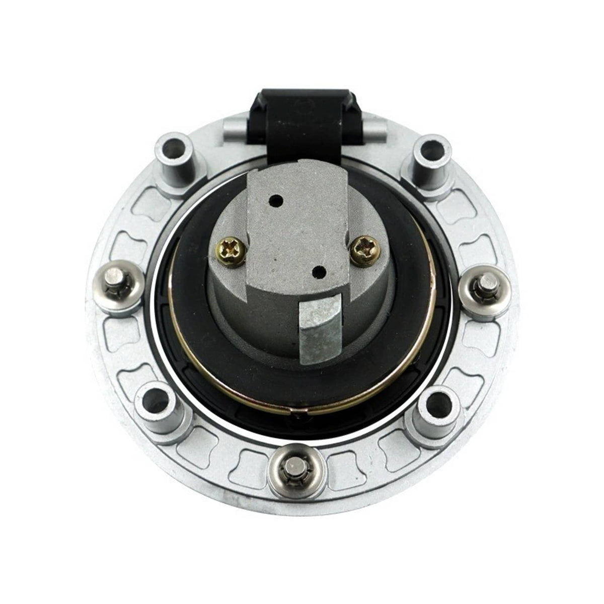 Fuel gas cap lock base with black latch, silver housing, and mounting screw holes