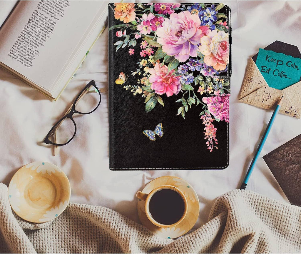 Floral iPad 9.7 folio case with pink and multicolor flowers and butterflies