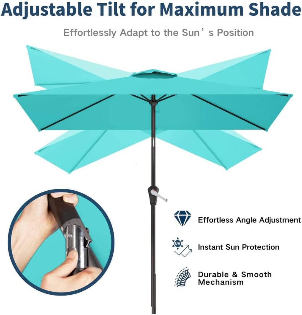 Teal rectangular patio umbrella with adjustable tilt mechanism on center pole