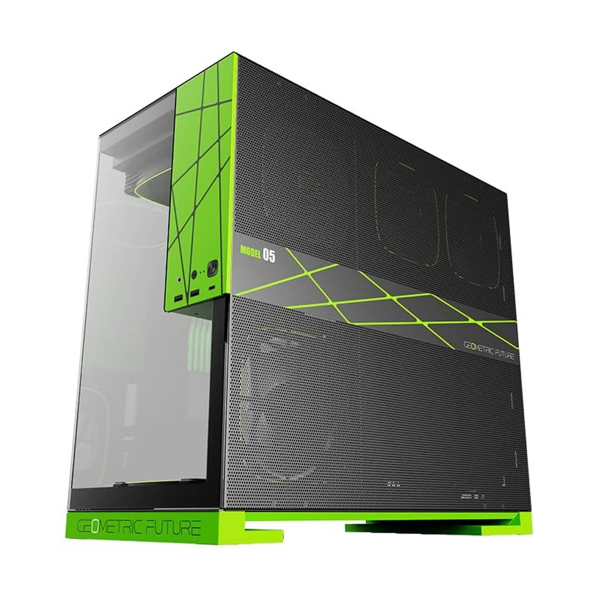 Tempered glass PC mid tower with mesh front and black-and-green side panels