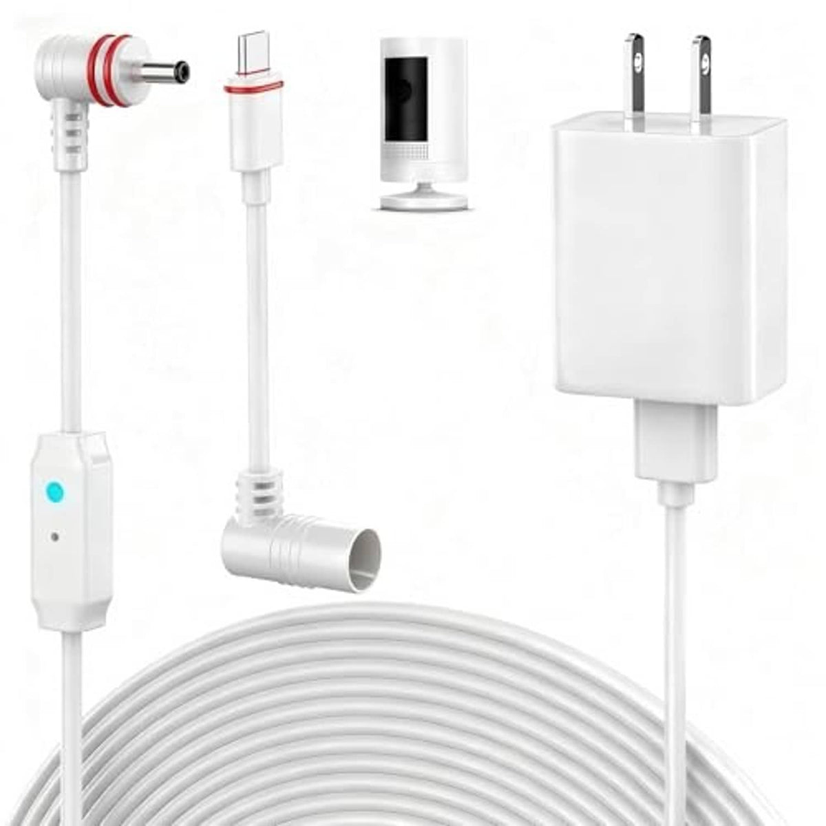 White power cord with DC plug end, wall charger block, and coiled cable
