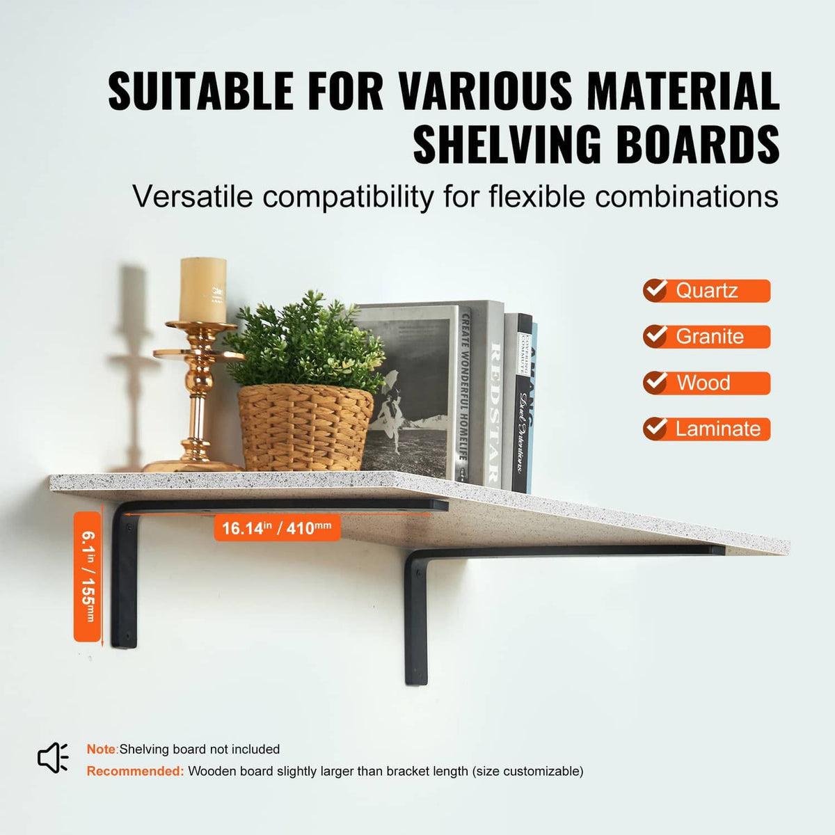 Black L-shaped floating shelf bracket with length and height dimension markings