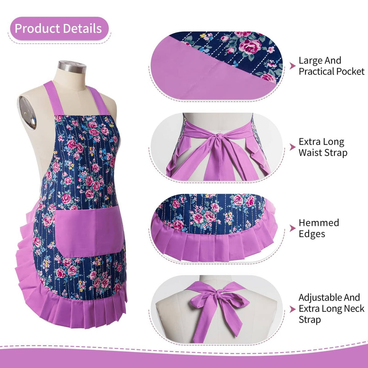 Floral apron with purple front pocket, extra-long neck ties, and ruffled hem edges.