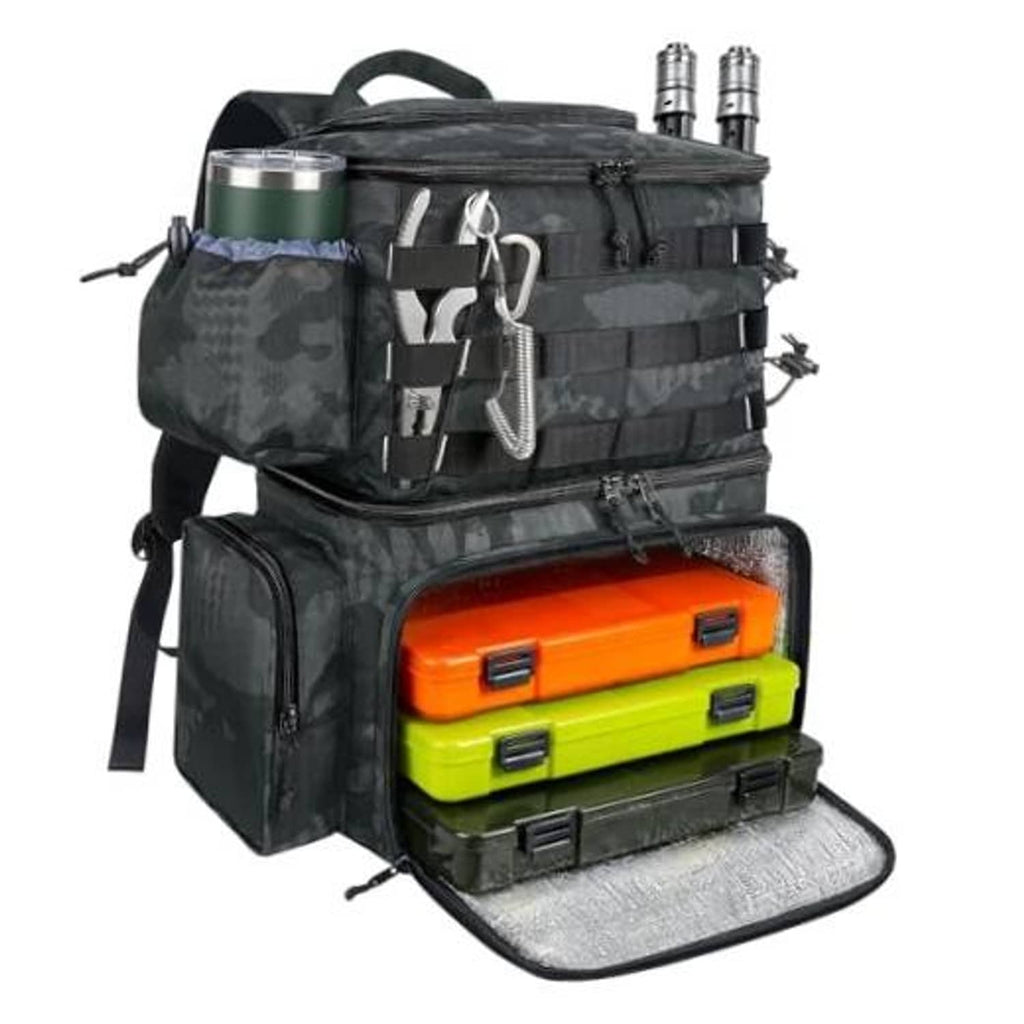 Dark camo fishing backpack with front buckle straps and open tackle tray pockets