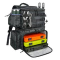 Dark camo fishing backpack with front buckle straps and open tackle tray pockets