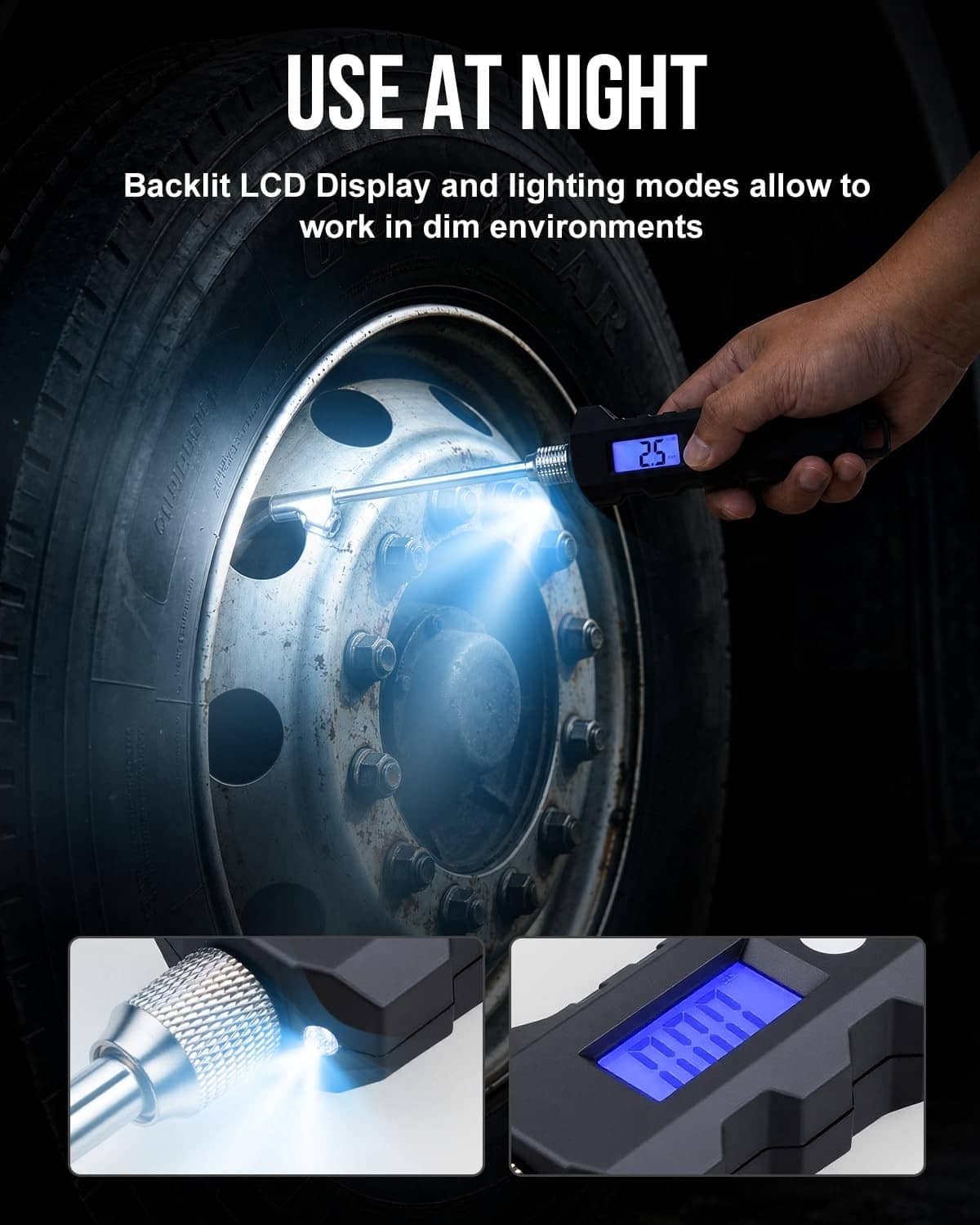 Black digital tire pressure gauge with backlit LCD display for dim environments