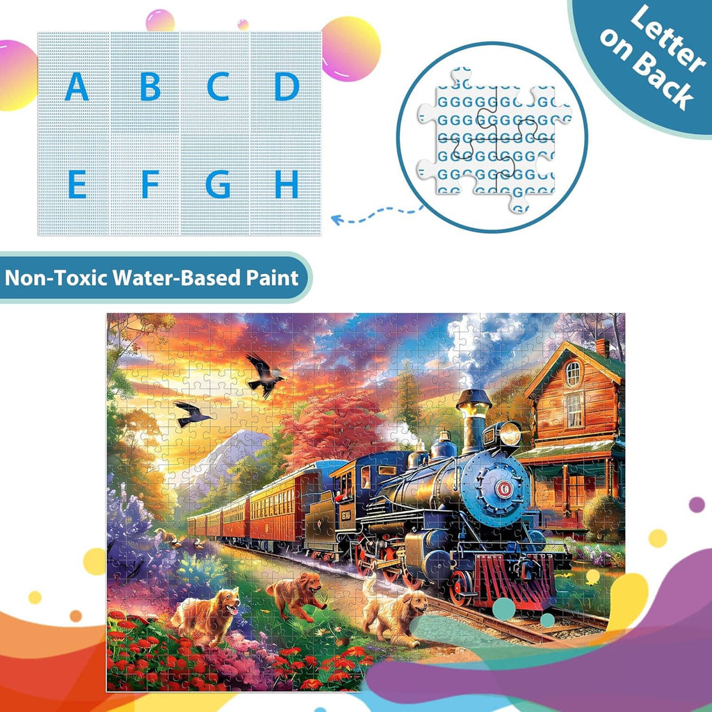 500-piece jigsaw puzzle preview with letter grid and non-toxic water-based paint detail