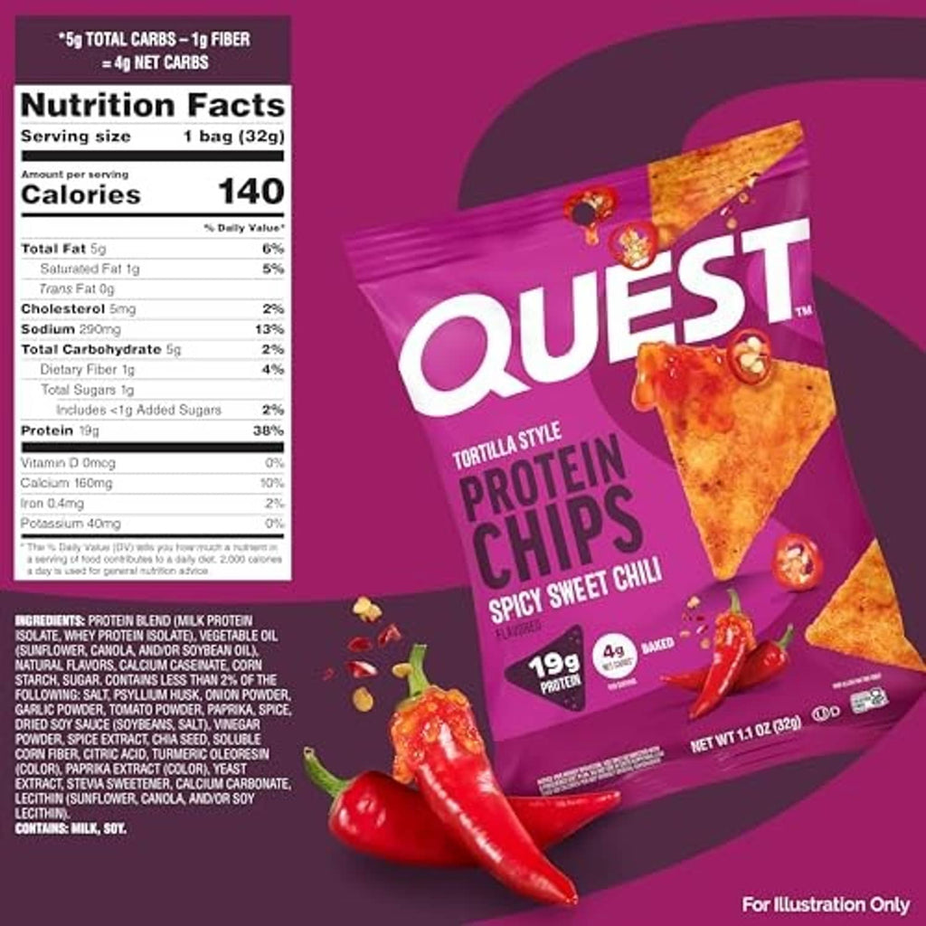 Quest tortilla style protein chips nutrition facts panel and spicy sweet chili bag