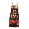Printed novelty waterproof apron with muscle torso graphic and red-blue waistband