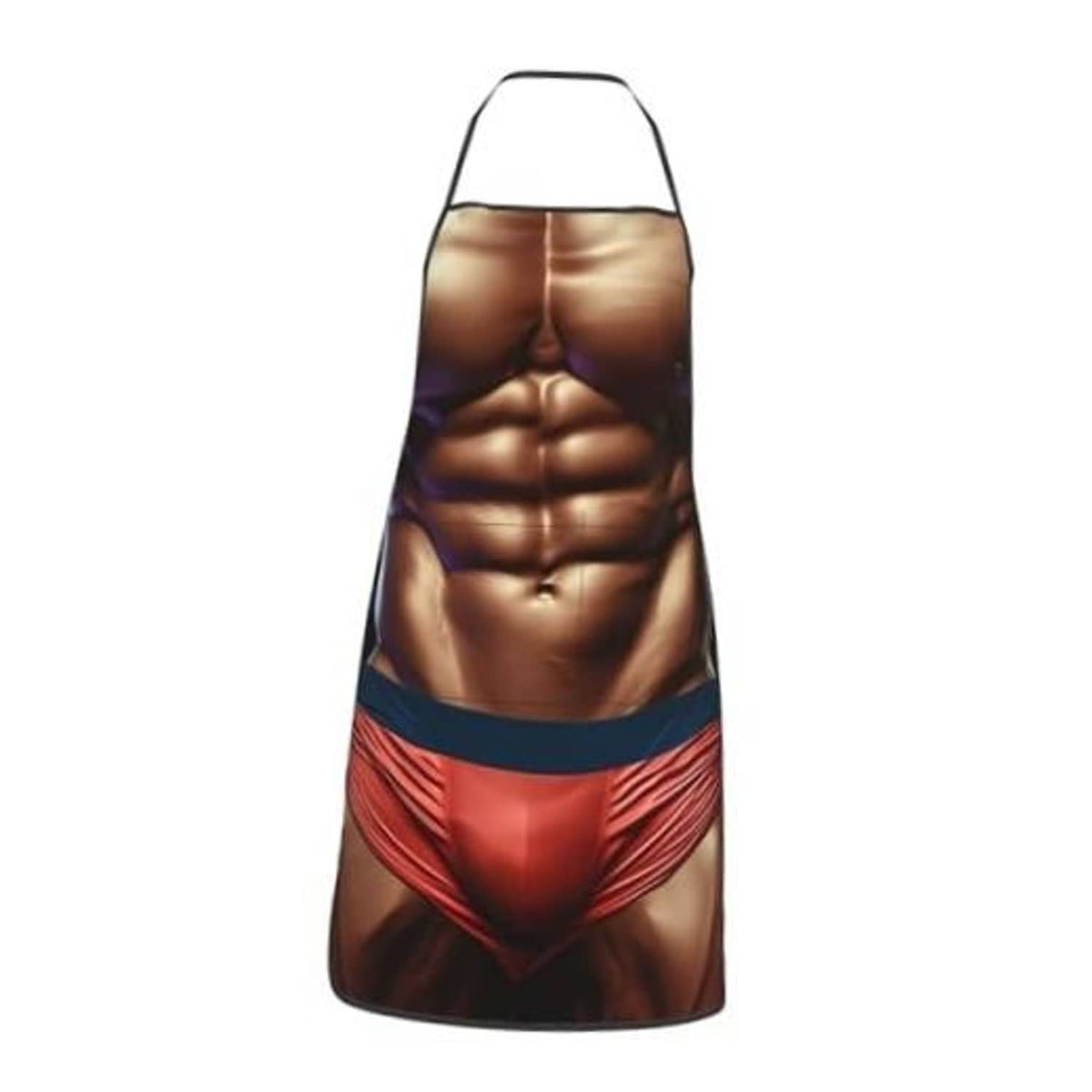 Printed novelty waterproof apron with muscle torso graphic and red-blue waistband