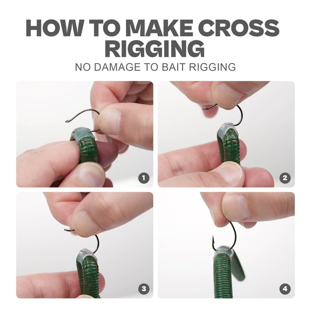Hand applying silicone O-tube ring for cross rigging on a green Senko-style worm with hook