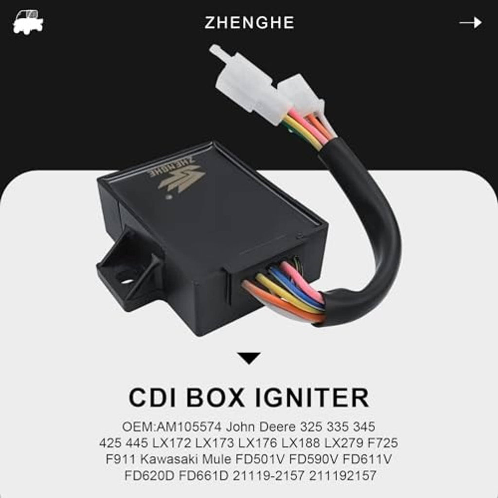 Black CDI ignition box with attached multi-color wire leads and white connector