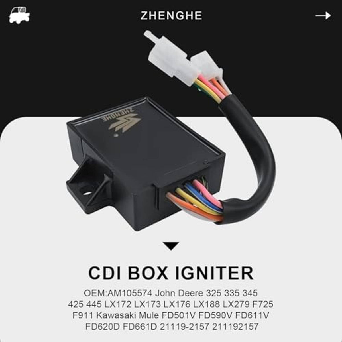 Black CDI ignition box with attached multi-color wire leads and white connector