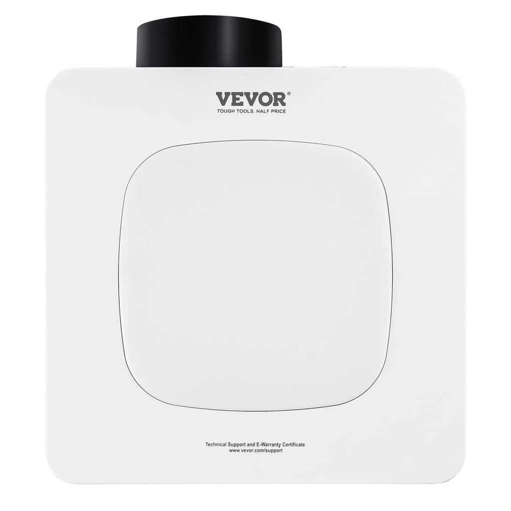 White bathroom exhaust fan with round grille vent cover and VEVOR logo