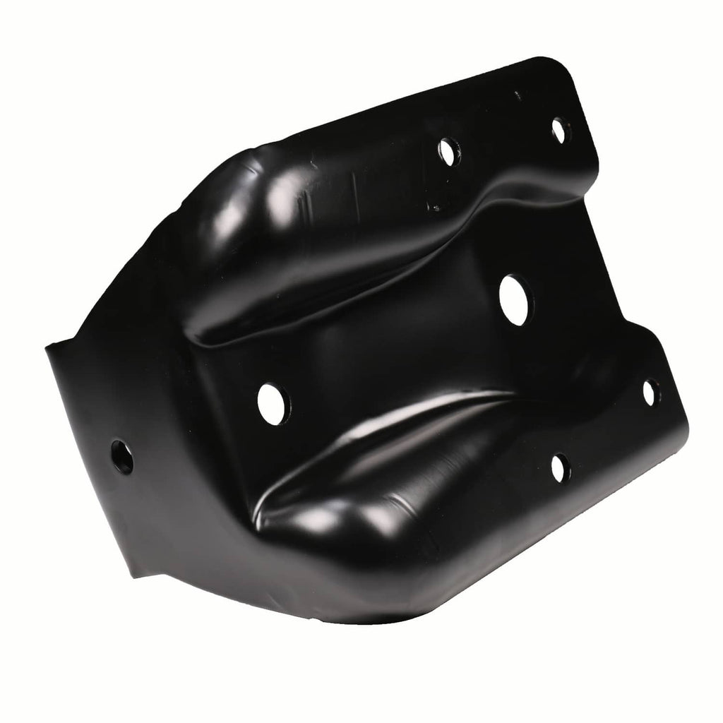 Black steel rear leaf spring hanger shackle bracket, close-up view with bolt holes