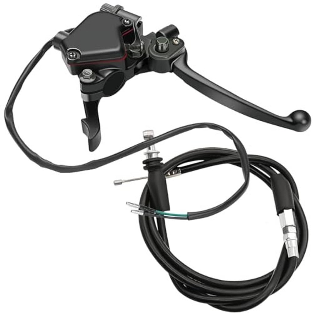 Dual brake lever thumb throttle control with black levers and long throttle cable.