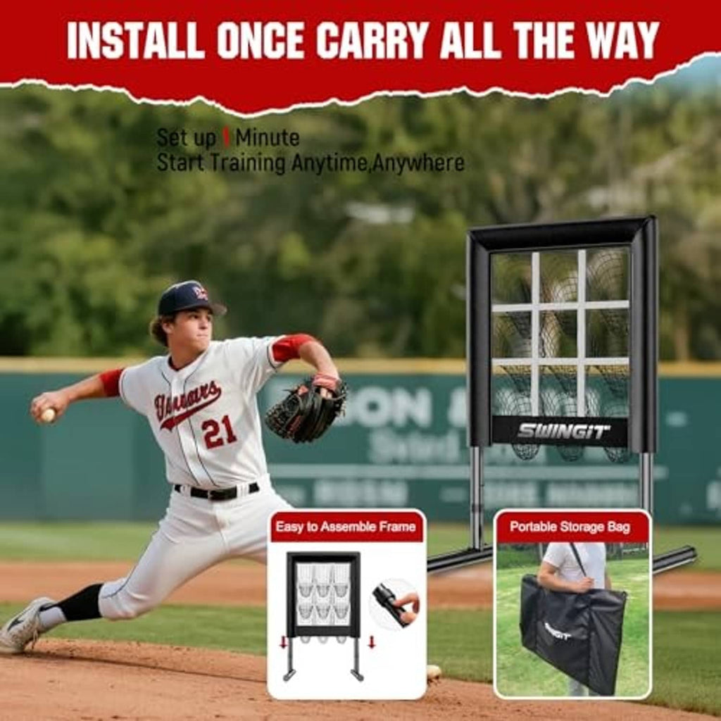 Black pitching net frame with assembly support tools and portable storage bag.