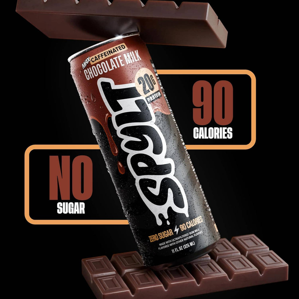 Spylt Max chocolate milk can with No Sugar label and 90 calories badge