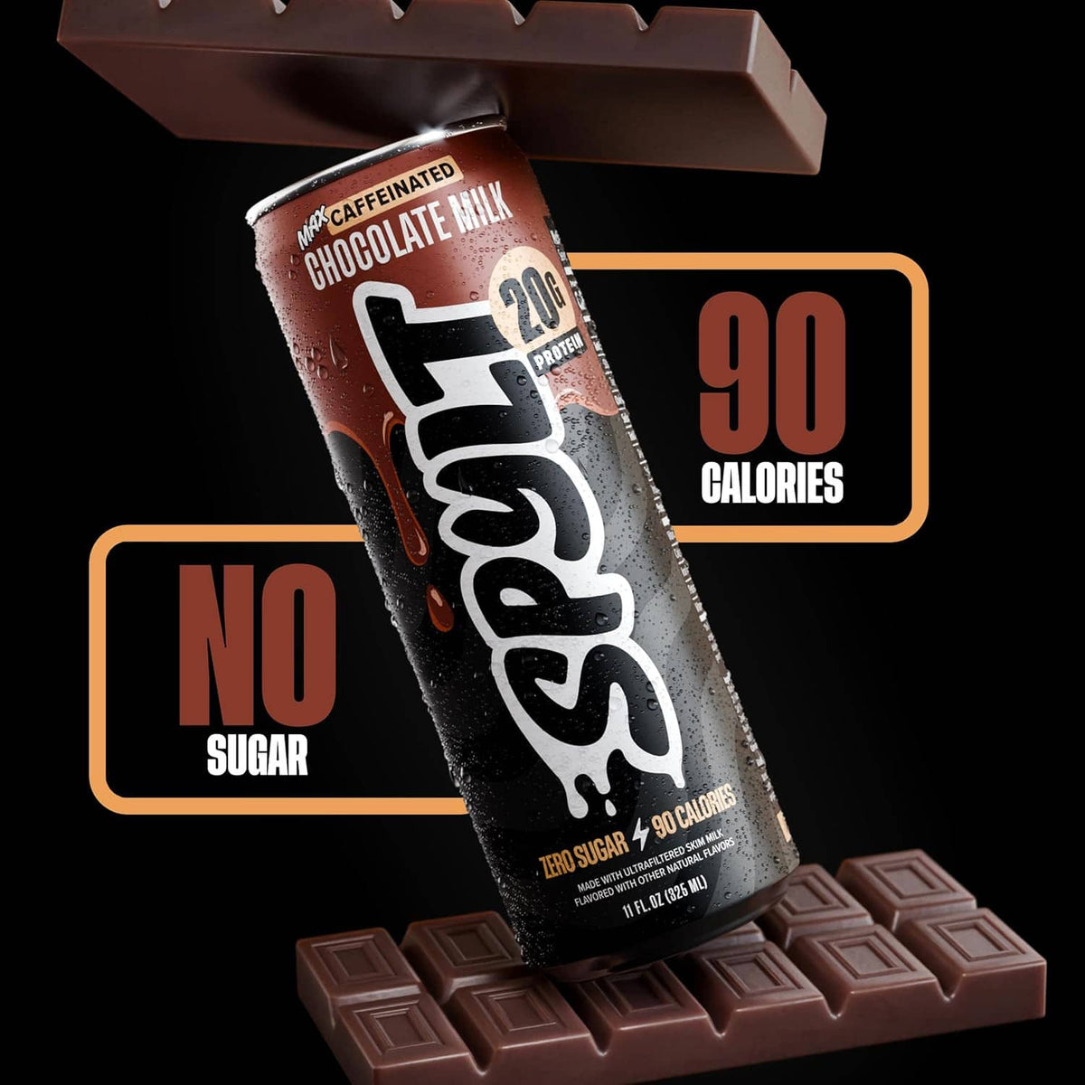 Spylt Max chocolate milk can with No Sugar label and 90 calories badge