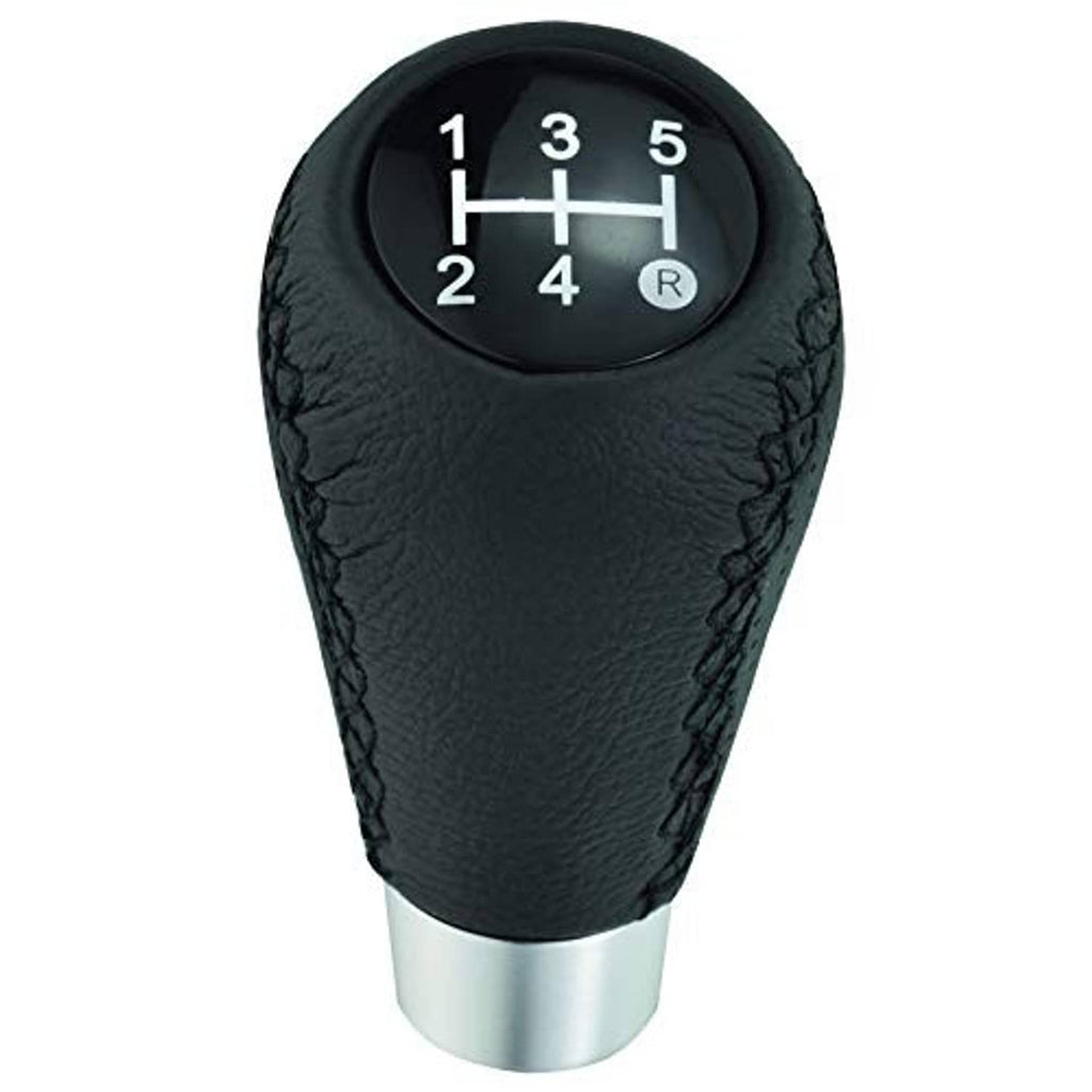Black leather 5-speed shifter knob top with gear numbers 1-5 and R on dial