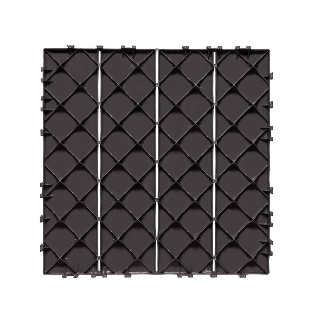 Dark brown interlocking deck tile mat with diamond tread texture and snap connection studs