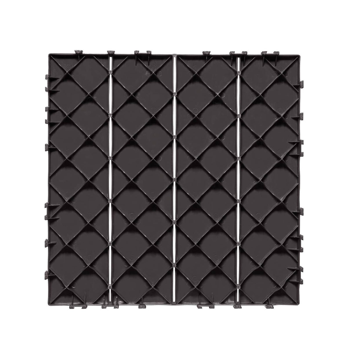 Dark brown interlocking deck tile mat with diamond tread texture and snap connection studs