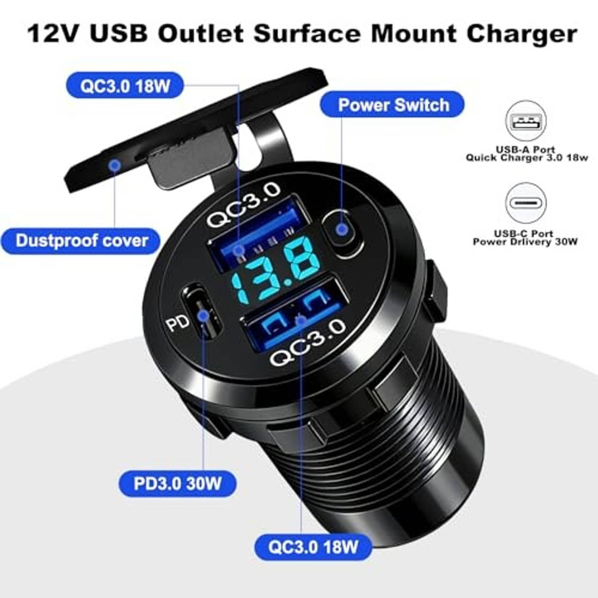Black 12V USB outlet surface-mount car charger with dustproof cover and power switch