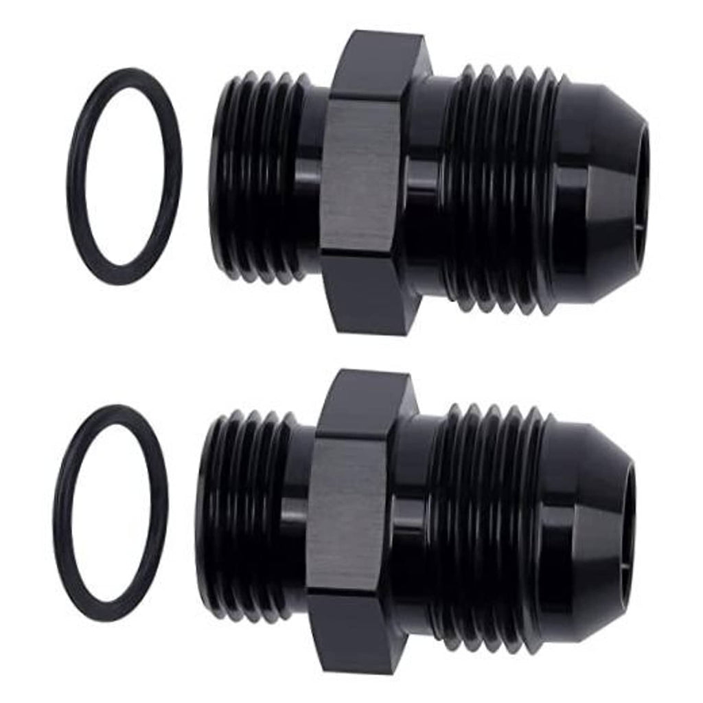 Black AN flare O-ring adapter fitting with O-ring seals and threaded ends