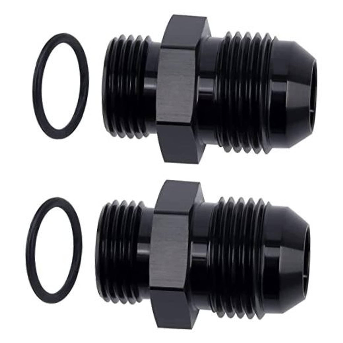 Black AN flare O-ring adapter fitting with O-ring seals and threaded ends