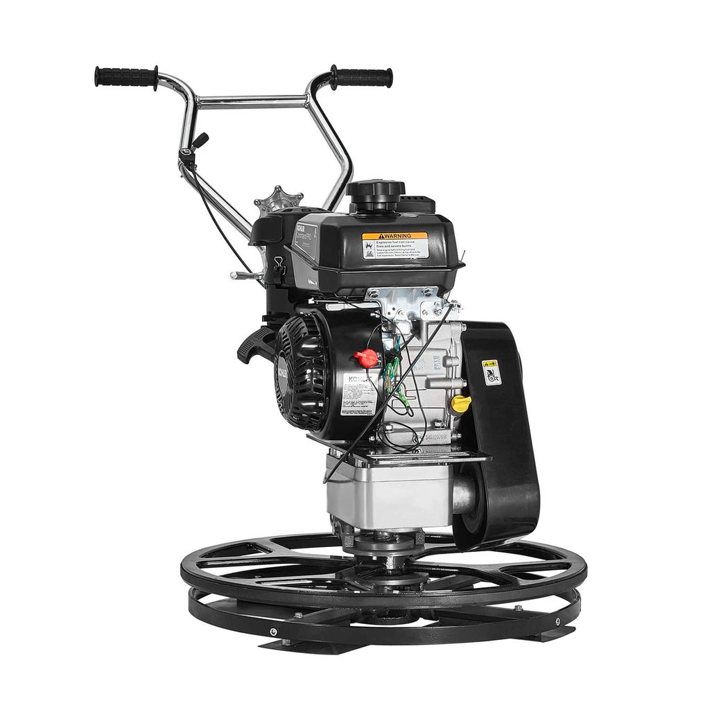 Walk-behind power trowel with engine, control panel, and circular float pan