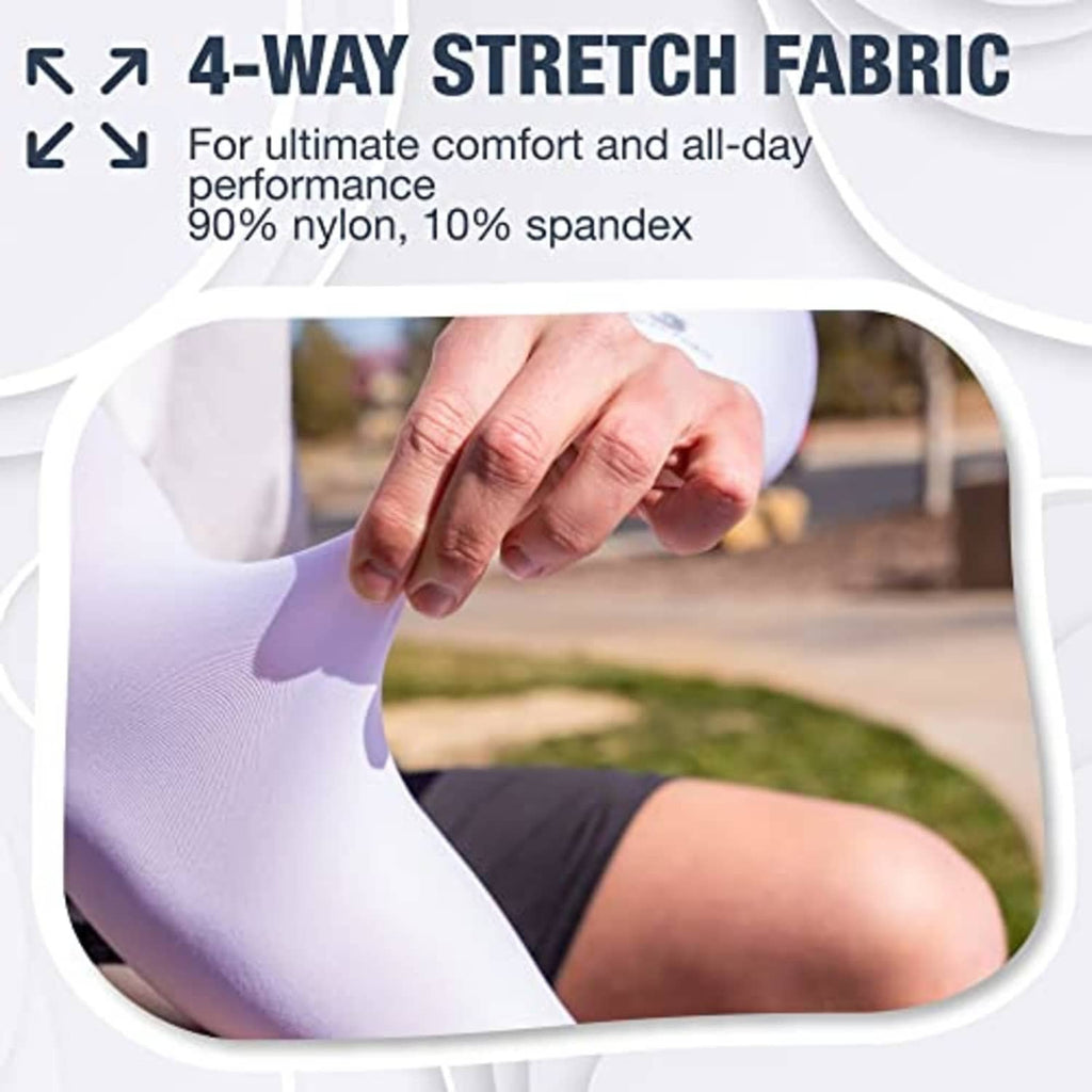 White cooling arm sleeve on hand, stretchy breathable fabric with thumb opening